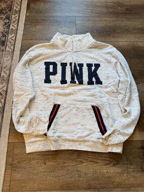 Victoria's Secret PINK Half-Zip Sweater in Heathered Cream with Navy Logo